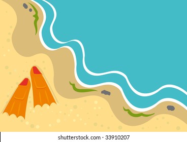 Summer background with flippers on a beach. Vector illustration.