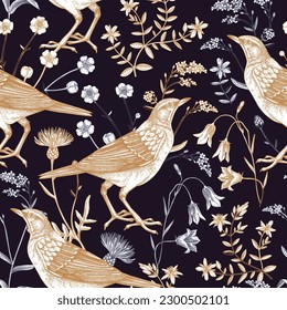 Fondo de verano. Patrón floral sin fisuras. Flores silvestres y pájaros ilustraciones vectoriales al estilo de boceto. Perfecto para textiles, papel de embalaje, tejidos.