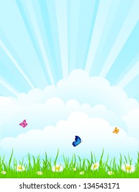 Summer background with flowers and butterflies, illustration.