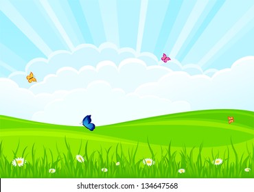 Summer background with flowers and butterflies, illustration.