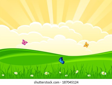 Summer background with flowers and butterflies, illustration.