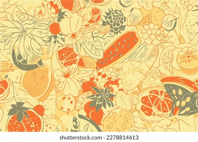 summer background with flowers, fruit and vegetables