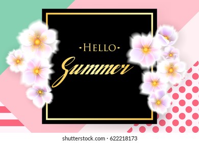Summer background with flowers, Lettering "Hello Summer".