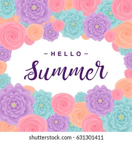 Summer background with flowers, Lettering "Hello Summer". Vector illustration.
