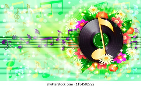 Summer background with flowers, notes and vinyl record. It can be used as a banner, poster for invitation card to a music festival or concert.