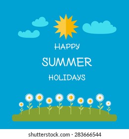 Summer background with flowers and sun. Flat illustration