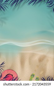 Summer background with Footprint step on beach sand of blue ocean sea wave,Top view Vector illustration beach hat,sandal,human stepson brown sand texture,Backdrop vertical banner for summer vacation 