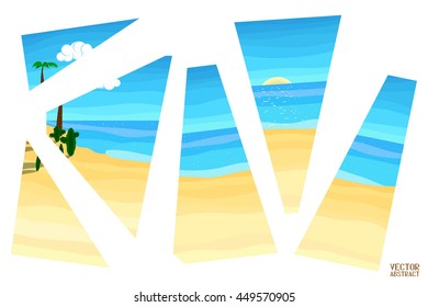 Summer Background of the Fragments. Blue Ocean and Sand Beach. Poster in a Flat Style. Vector Illustration