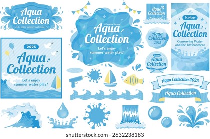 Summer background frame featuring water such as waterfalls, oceans, and pools: Includes cutout illustrations of waves and splashes
