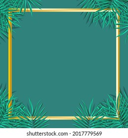 Fondo de verano con marco, hojas de palma. Sala de copias, concepto de vacaciones de verano.tarjeta de felicitación de verano