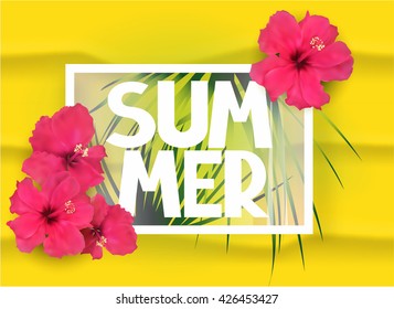 Summer background with frame, palm tree branches and flowers. Vector illustration