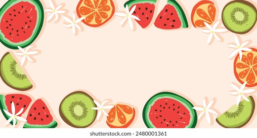 Fondo De Verano, Marco De Frutas, Borde, Sandía, Kiwi, Flores, Naranja, Ilustración vectorial