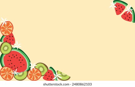 Summer Background, Fruits Frame, Corner, Border, Watermelon, Kiwi, Flowers, Orange, Vector Illustration	