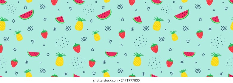 Summer background with fruits - watermelon, pineapple and strawberry. Vector illustration