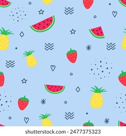 Summer background with fruits - watermelon, pineapple and strawberry. Vector illustration