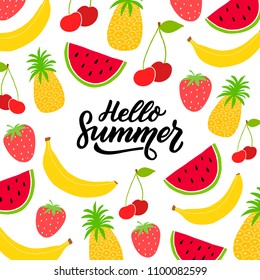 Summer background with fruitsand hand drawn lettering hello summer. Summer time illustration.