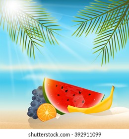  Summer background with fruits.Orange,banana,grapes and watermelon.