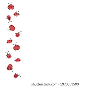 summer background with funny border. Flying and creeping flat red Ladybugs on white background. Bright funny vector wallpaper. 