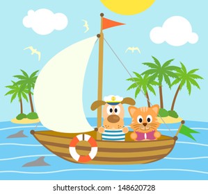 Summer background with funny  dog and cat on boat