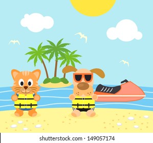  Summer background with funny dog and cat on the beach