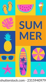 Summer background in geometric style. Summertime poster banner, flyers design for web, shop, bar, travel. Surfboard, beach umbrella, bikini, starfish vector illustration