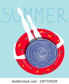 Summer background with a girl in an inflatable rubber ring.