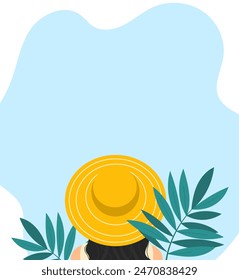 Summer background with girl in yellow hat standing backwards. Season vacation, weekend, beach. Design for card, sale, banner, poster, flyer. 