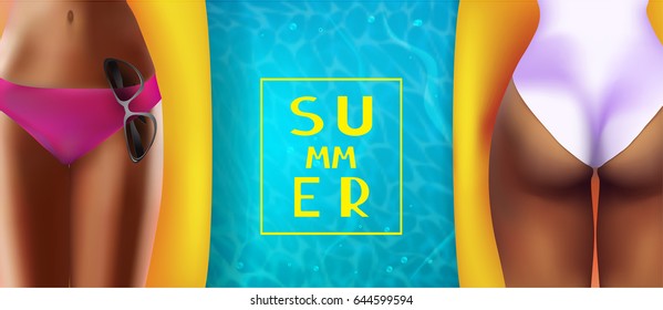 Summer background with girls lying on inflatable mat and swim pool water. Vector illustration