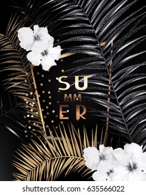 Sommerhintergrund mit goldenen und schwarzen Palmenblättern, einfarbigen Blumen und goldenem Rahmen. Vektorgrafik