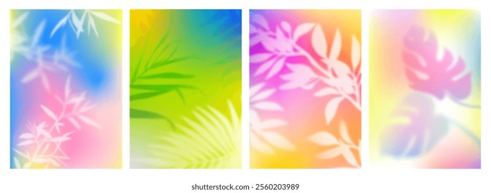 Summer Background with Gradient. Vector Palm Tree Leaf on Neon Colored Bg. Spring Posters Design with Overlay Plant Shadow Shade