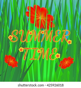 Summer background with grass  and flowers. Bright summer vector illustration  in green  and red colors.