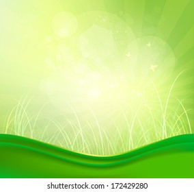 Summer Background With Grass, Sun Shiny And Butterflies