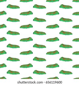 Summer background with green caterpillars with red and black spots in a row next to each other and alternately under each other on a white background. Walking insects with legs and eye 