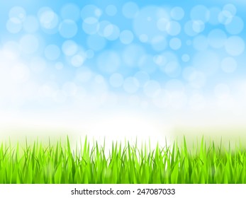 Summer background with green grass and blue sky, vector eps10 illustration, gradient mesh