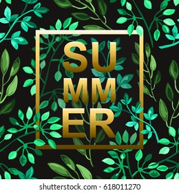 Summer background with green leaf branches, design element. Can be used for cards, scrapbooking, print, posters, flyers, textile design, banners, manufacturing. Decorative leaves in watercolor style
