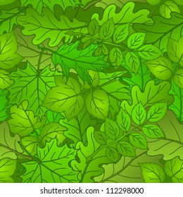Summer background with green leaves of different plants, nature seamless. Vector