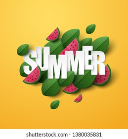 Summer background with green leaves and fruits. Vector illustration.