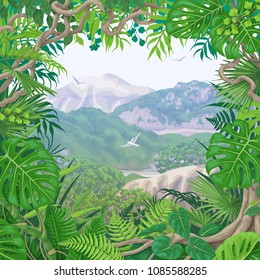 Summer background with green leaves of tropical plants and liana branches. Jungle frame on hills, flying birds and distant trees. Tropic rainforest foliage border. Vector flat illustration.