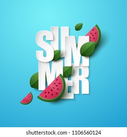 Summer background with green leaves and watermelon. Vector illustration.