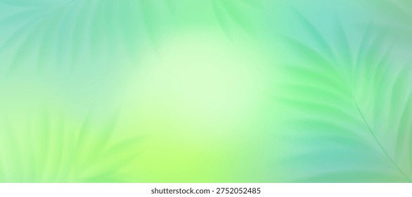 Summer background with green palm foliage. Blurred gradient, delicate palm branches. Close-up of green branches against a blue sky. Set of fresh vector blurred backgrounds