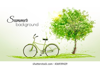 Summer background with a green tree and a bike. Vector.