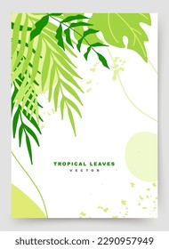Summer background with green tropical leaves and texture. Editable vector template for card, banner, invitation, social media post, poster, mobile apps, web ads