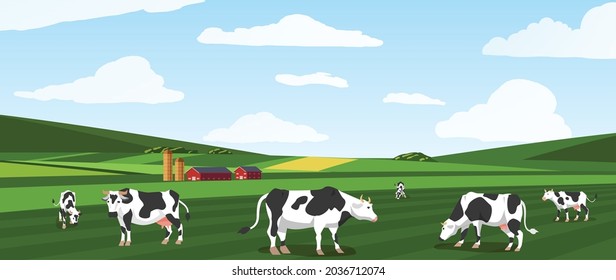 Summer background with group of cows grazing in greenery, flat vector illustration. Countryside banner or poster backdrop with farm cows grazing in field.