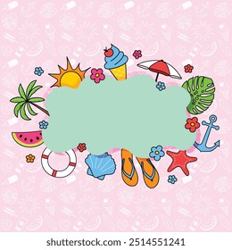 Summer background with hand drawn beach icons. Vector illustration