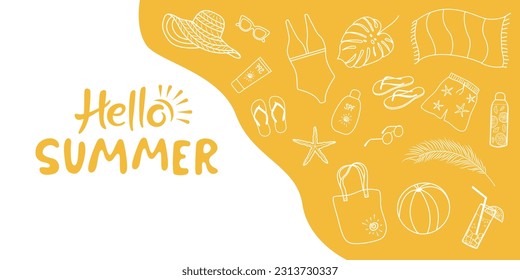 Summer Background with hand drawn contour beach elements. White outline beach accessories. Hand written lettering text hello summer
