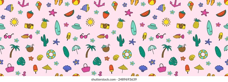 Summer background with hand drawn elements. Creative seamless pattern. Vector illustration