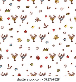 Summer background. Hand drawn Little birds and flowers. Floral seamless pattern. Background for kids. Children's wallpaper