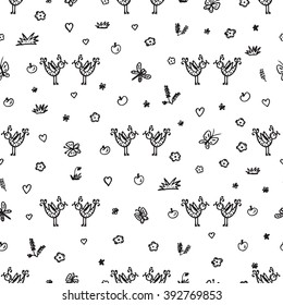 Summer background. Hand drawn Little birds and flowers. Floral seamless pattern. Background for kids. Children's wallpaper
