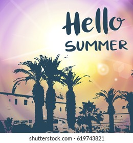 Summer background with hand drawn phrase Hello summer. Lettering design for posters, t-shirts, cards, invitations, stickers, banners, advertisement. Vector illustration.