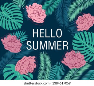Summer background with hand drawn pink flowers and tropical leaves. Floral elements for your design. Vector illustration.